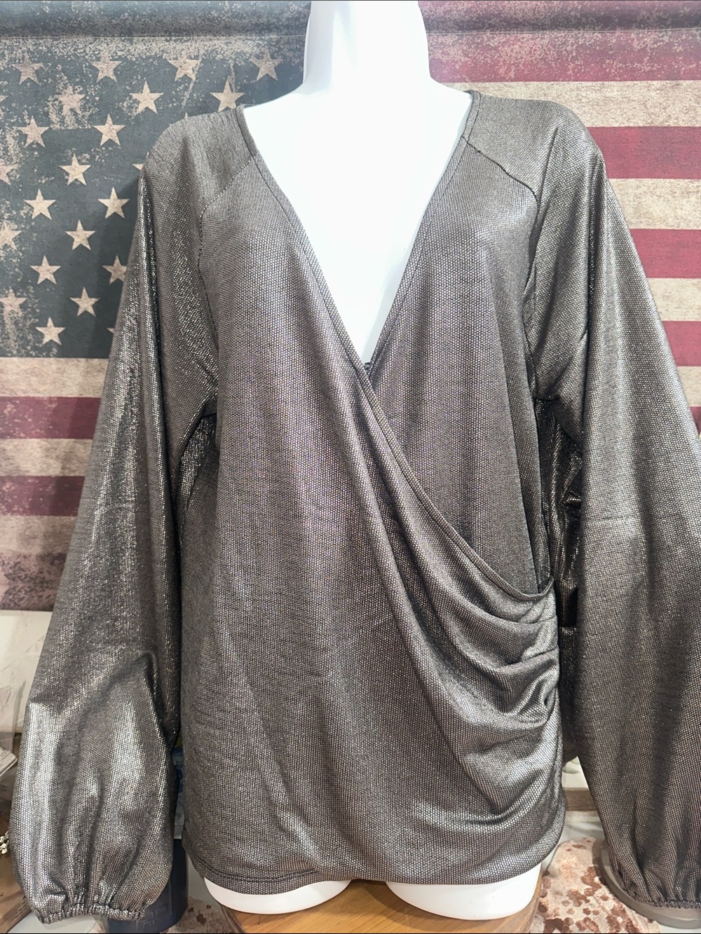 bHBM Shimmery Metallic V-Neck Drape Blouse - Silver